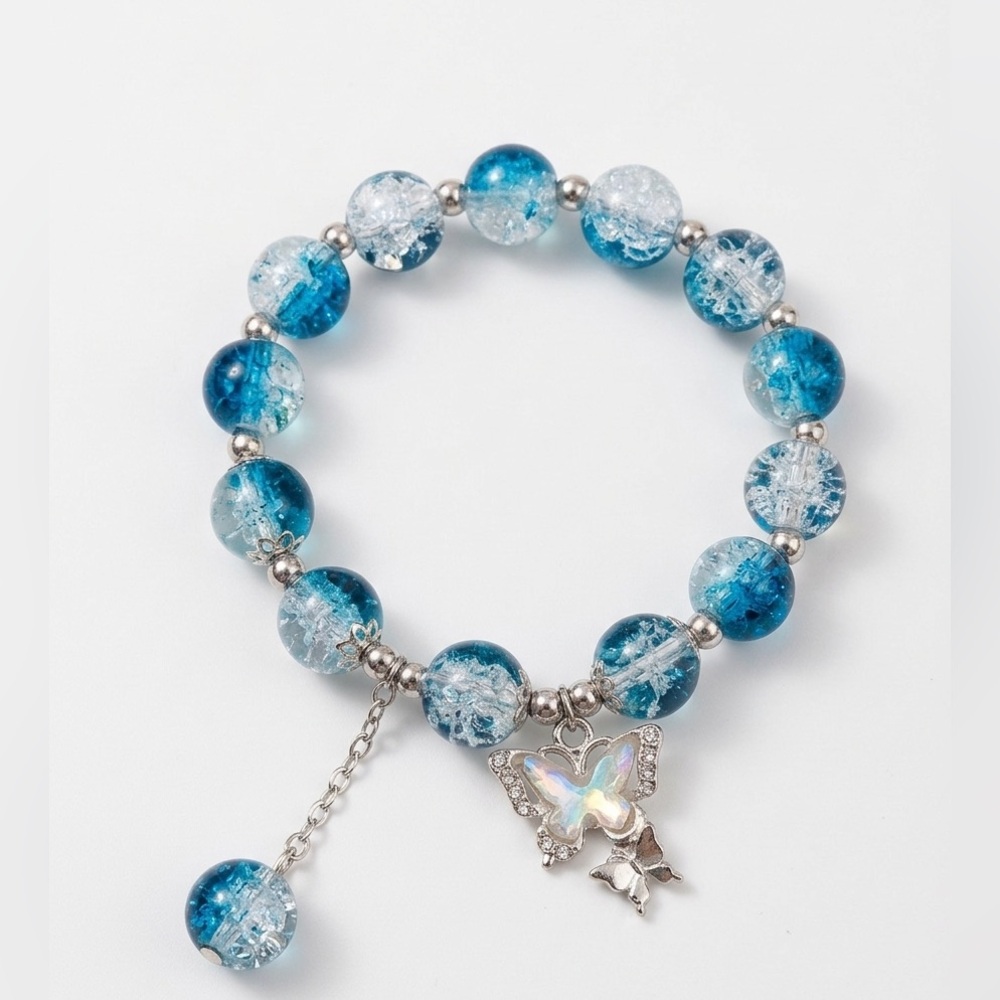 Handmade Blue and Silver Beaded Bracelet with Butterfly Charm